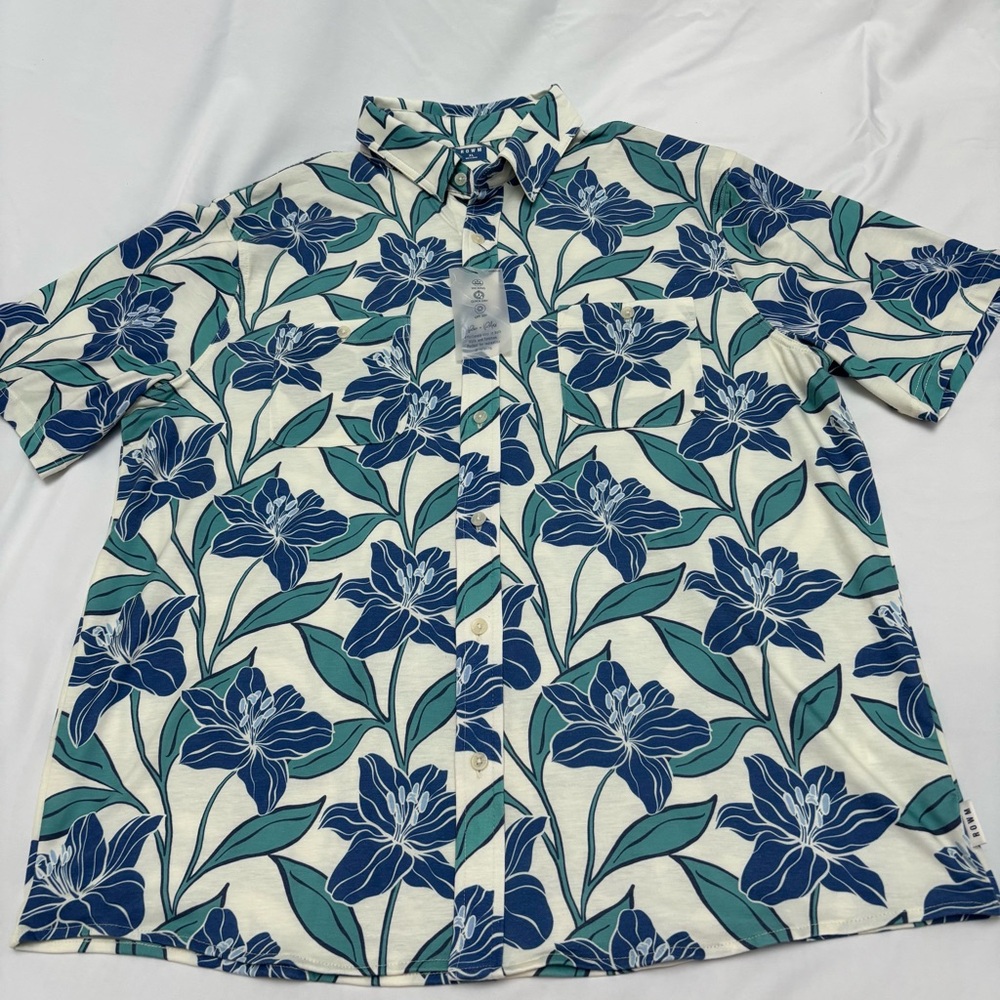 NWT ROWM Hawaiian Floral Blue and Green Men's Shirt Beach Tropical
